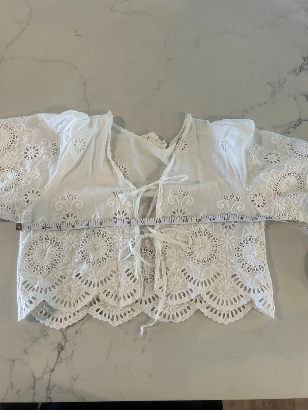 Anthropologie White Floral Eyelet Crop Tie Front Top one size